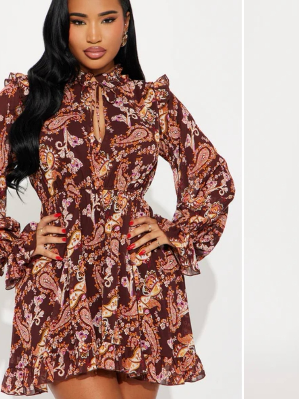 Fashion Nova Brown Paisley Long Sleeve Ruffle Mini Dress